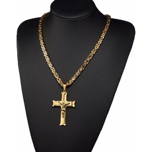 6mm Quality Product Stainless Steel Gold Tone Men Gift Byzantine Chain Christian Jesus Cross Crucifix Pendant Necklace 18"-40"