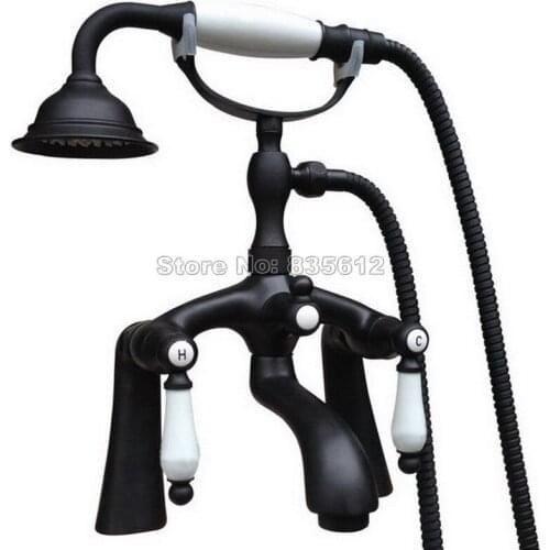 Deck Mounted Black Oil Rubbed Bronze Telephone Style Ceramic Handheld Shower Bathroom Tub Faucet Dual Handles Mixer Taps Wtf514