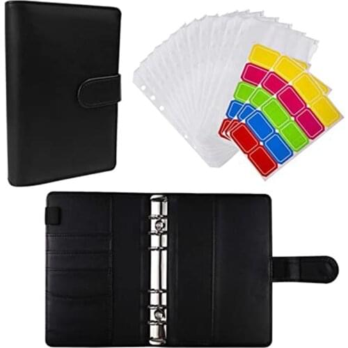 A6 PU Leather Notebook Binder Cover with 12Pcs Binder Pockets, Binder Loose Leaf Zipper Bags Envelope System Planner