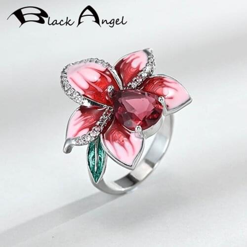 BLACK ANGEL 925 Silver Handmade Red Enamel Rose Flowers Ruby CZ Finger Ring For Women Fashion Jewelry Wholesale Christmas Gift