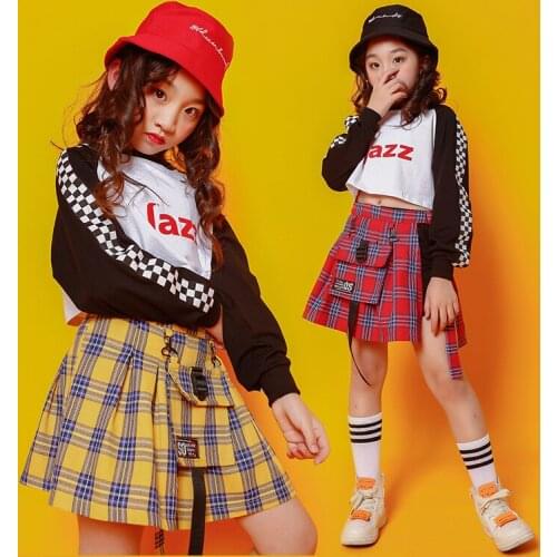 Children Jazz Costume Games Opening Suit Oversized Sweatshirt Tops Plaid Skirt Girls Hip Hop Clothing Cheerleading Team Wear