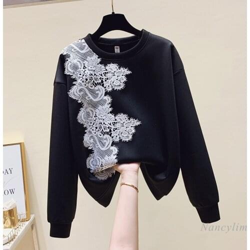 Elegant Lace Patch Sweatshirt for Woman 2021 Spring Autumn Korean Style Air Cotton Long Sleeve Hoodies Black Pullover