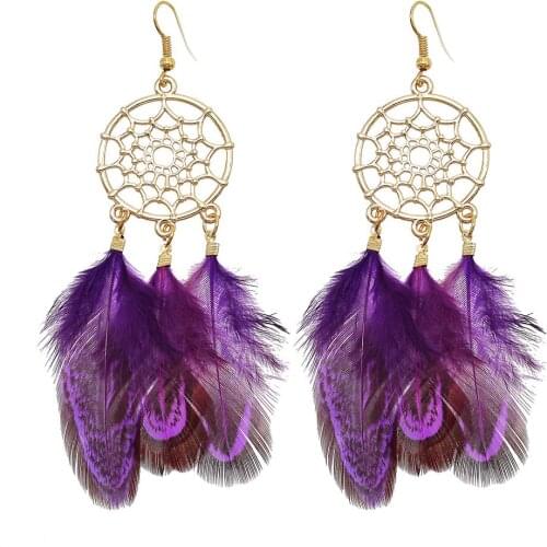 Ethnic Feather Earrings for Women Boho Hippie Purple Pink Brown Feather Drop Dangle Earring Holiday Party Tribal Indian Jewelry