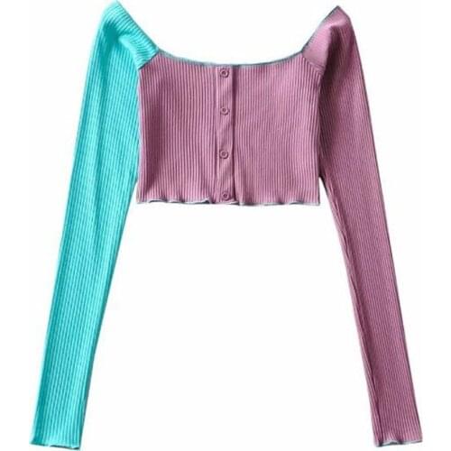 European and American long-sleeved T-shirt women 2021 spring new sexy strapless color matching cropped top Womens Slim Short