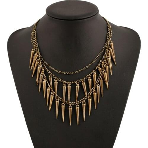 Gothic Vintage Gold Cone Tassel Multi-layer Women Statement Necklace Bohemian Lady Chunky Retro Hiphop Metal Bib Necklace