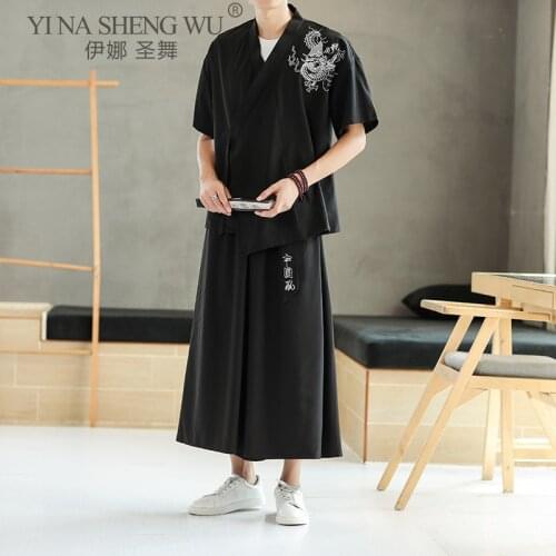 Kimono Japanese Traditional Pants Tops Sets Men Asian Clothing Bath T-shirt Shorts Male Japan Style Embroidered Yukata Trousers