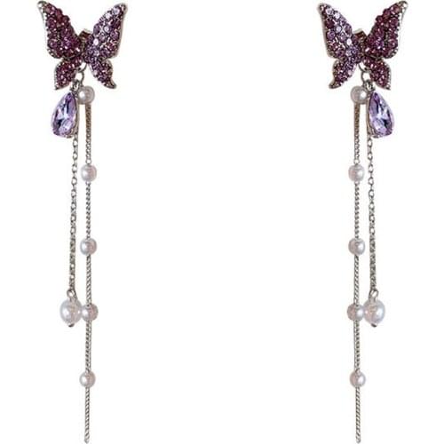 Korean New Fashion Butterfly Earring For Women Purple Silver Color Pearl Tassel Party Dangle Drop Jewelry