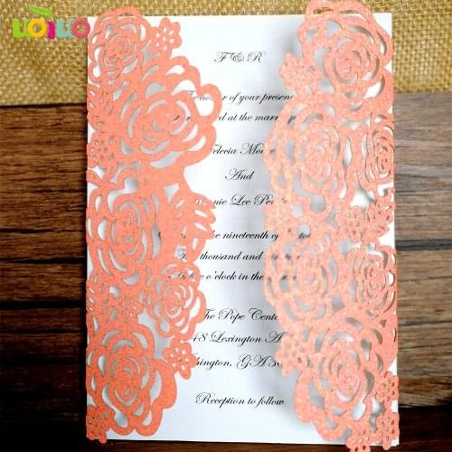 Hot Laser cut lace rose glitter paper wedding invitation card orange birthday invitation cards (laser cut cards only)