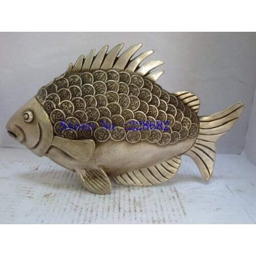 Metal Crafts Collectible Decorated Old Handwork Tibet Silver Carved Coin Lucky Fish Statue Free shipping