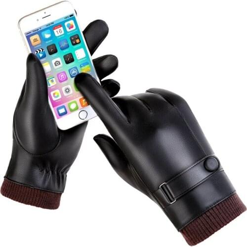 Men sheepskin touch screen gloves PU leather glove for men winter Outdoor warm fur thickening thermal patchwork rekawiczki