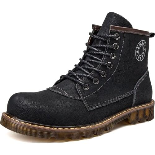 Mens high-end leather outdoor casual Martin boots, fashionable wear-resistant tooling boots, winter high-top boots with velvet