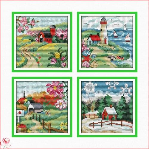 The Suburban four Seasons Cross Stitch Kit 14ct 11ct Printed Fabric Embroidery Kit DIY Handmade Needlework Home Decoration Gift