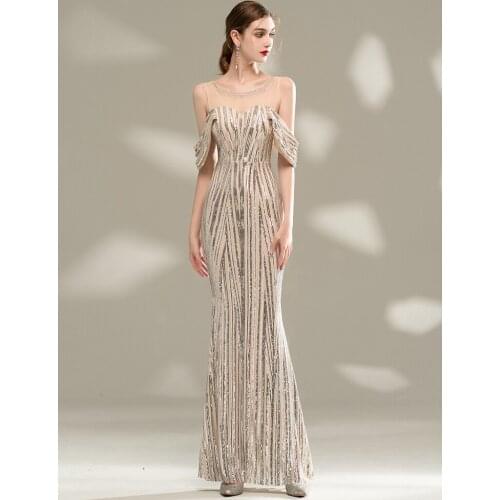 2021 New Long Sequins Evening Dress Elegant Off Shoulder Evening Party Dress fashion Elegant temperament