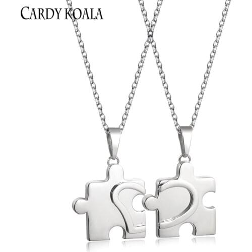 Titanium steel trendy couple girlfriends love heart puzzle pendant necklace