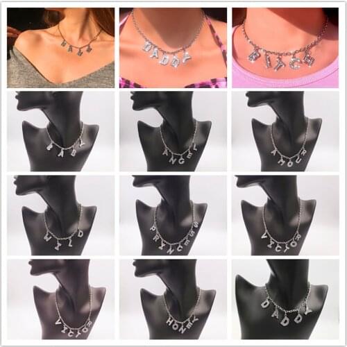 Harajuku Angel Letter Crystal Pedants Necklace Neck Chains Rhinestone Choker Necklace for Women Aesthetic Jewelry