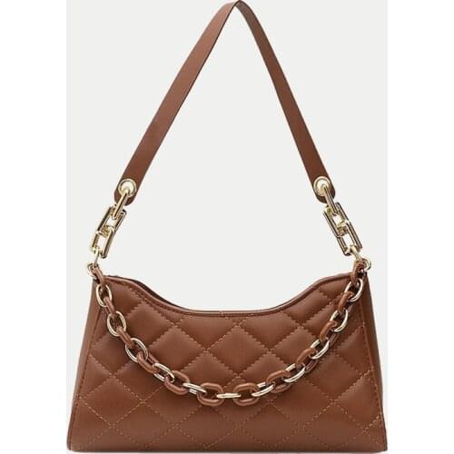 Simple Casual Baguette Shoulder Bags for Women Chains Plaid Armpit Purse PU Leather Underarm Handbags Small Fashion Female Bag