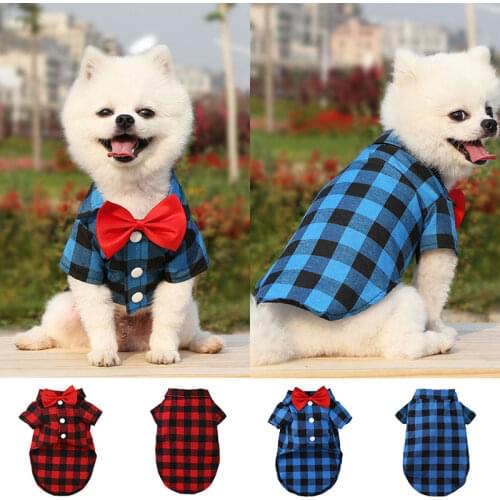 Dogs Plaid Bow Shirts Gentleman Dog Cats Shirts Pets Bow Tie Shirts Clothes Puppy Plaid Supplies Pet Shirts Button Coats Tops