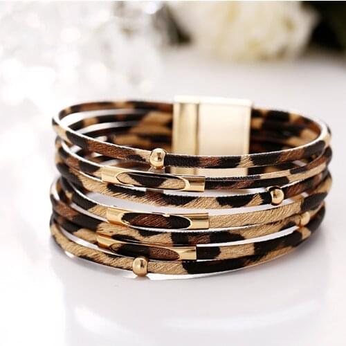 Vintage Leopard Print Metal Magnetic Buckle Leather Bracelets for Women Bangles Fashion Jewelry