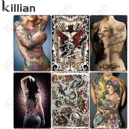 Vintage Metal Plaque Tattoo Pattern Metal Painting Kitchen Restaurant Metal Poster Decoration Sexy Girl Shop Metal Plate Decor