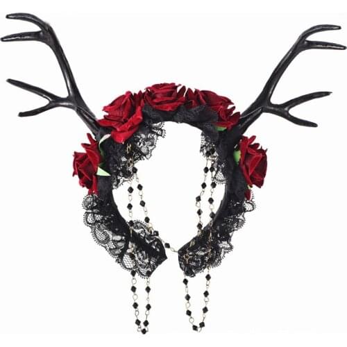 Gothic Lolita Big Antler Headband Dark Witch Headdress Rose Headband Halloween Party Carnival Hair Accessories