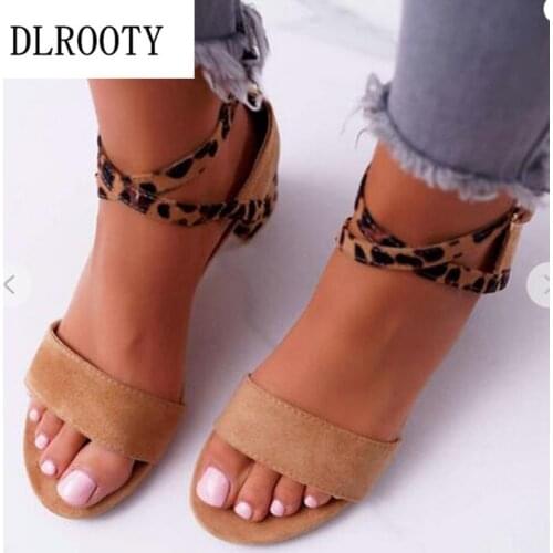 Woman Sandals Shoes Summer Pumps High Heels Thick Peep Toe Buckle Strap Leopard Fashion Hollow Gladiator Plus Size 35-43