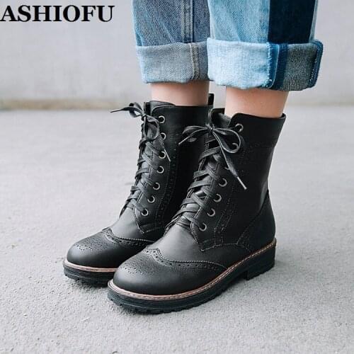 ASHIOFU Handmade New Womens Block Heels Boots Vintage Lace-up Martin Booties Shoes Sexy Party Ridding Winter Ankle Boots Black