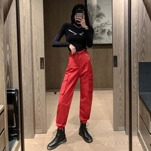 2020 Womens Cargo Pants Strap Buckle Pocket Jogger Elastic Waist High Streetwear Harajuku Pant Chain Female Red Hip Hop Pants