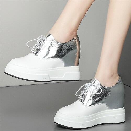 10cm High Heel Fashion Sneakers Women Genuine Leather Wedges Ankle Boots Female Lace Up Chunky Platform Creepers Casual Shoes