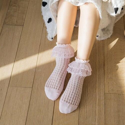 Women Lolita Cute Lace Socks Women Ruffles Breathable Cotton Socks Ankle Solid Vintage Soft Short Socks Costumes Accessories