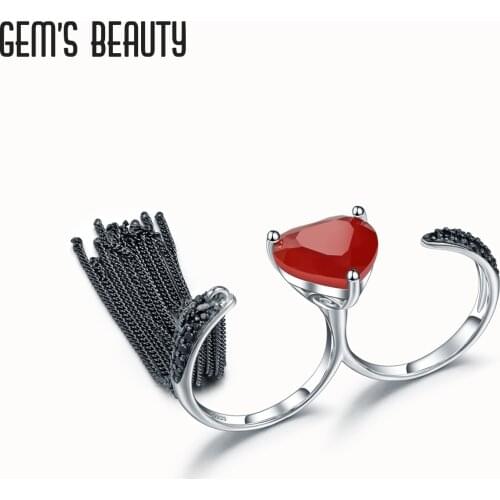 GEMS BEAUTY 925 Sterling Silver OK Fashion Jewelry Rings For Women Heart Cut Natural Red Agate Handmade Adjustable Open Rings
