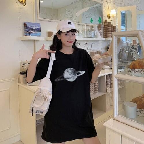 2021 summer new planet print T-shirt womens summer dress Korean loose net red Harajuku style short sleeves