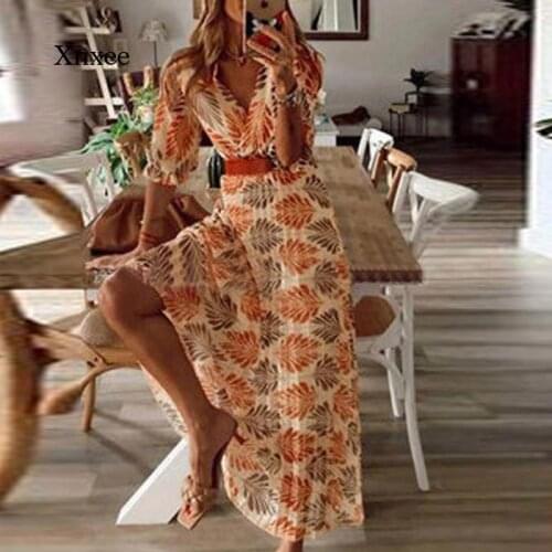 2021 Spring/summer Retro Dress Printed A-Line Bohemian Short Sleeve Loose Long Skirt Womens Casual V-Neck Loose Beach Dress