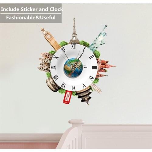Famous Building Novelty Self Adhesive Wall Clock 3D Stickers Livingroom Sofa Background Home Decor Clock Fancy DIY Watch Horloge