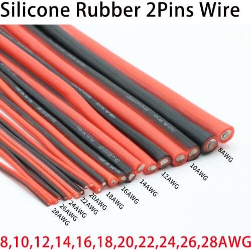 1 Meter 2Pins Ultra Soft Silicone Rubber Copper Electric Wire 10 12 14 16 18 20 22 24 AWG DIY Lamp Connector Cable Black Red