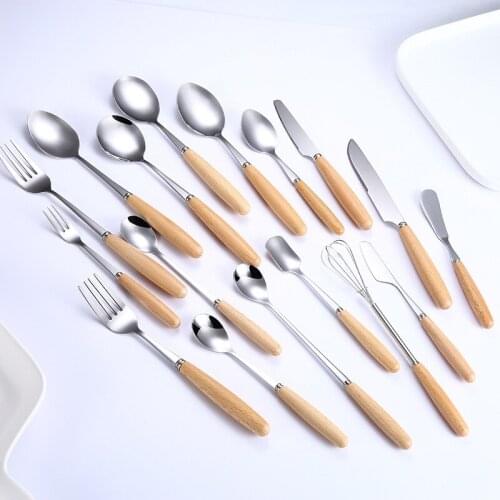 6 Pcs Flatware Sets Wooden Handle Tableware Stainless Steel Silver ware Knife Fork Dessert Spoon Set Cutlery Sets Drop shipping