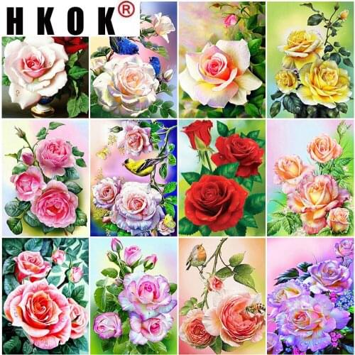 HKOK 5D DIY Diamond Painting Full Square Drill Flowers Cross Stitch Kit Diamond Embroidery Peony Rhinestone Art Home Decor