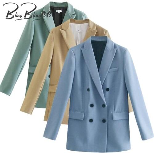BlingBlingee Za 2021 Autumn Woman Traf Coats Elegant Fashion Office Lady Blazers Double Breasted Flap Pockets Slim Long Jackets