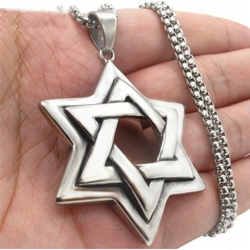 Large Mens Stainless Steel Jewish 6 Point Star of David Pendant Necklace