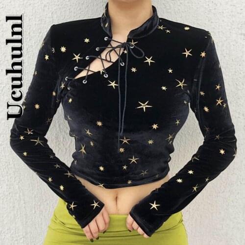 Ucuhulnl Black Women Star Print Blouse 2021 Autumn Lady Chinese Style Stand Neck Hollow Out Drawstring Long-sleeve Top