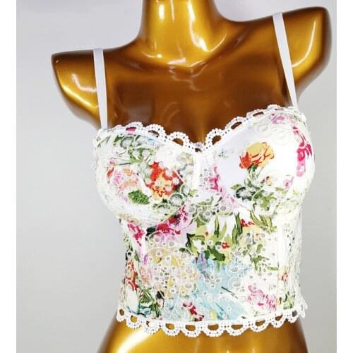 Cupnaya Summer Women Sexy White Floral Printed Cotton Crop Top Ladies Dance Wrap Corsets Lace Decoration Coordinating Camisoles
