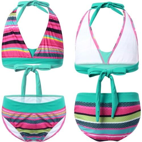 Kids Swimsuits for Girls Stripe Print Halter Triangle Bikini Set Two Piece Beachwear Bathing Suits Childrens Swimwear for Girl
