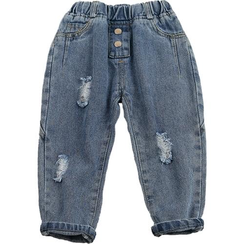 Girls Jeans All-Match Elastic Waist Denim Ripped Pants for Vacation Birthday Party Photography Cute Kids Jeans Childrens Pants