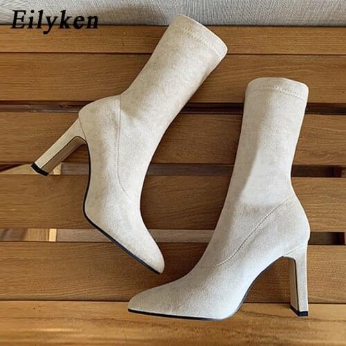 Eilyken Plus Size 34-42 High Heel Boots Sock Flock Women Shoes Sexy Thick Heel Female Winter Pointed Toe Ankle Booties Shoes