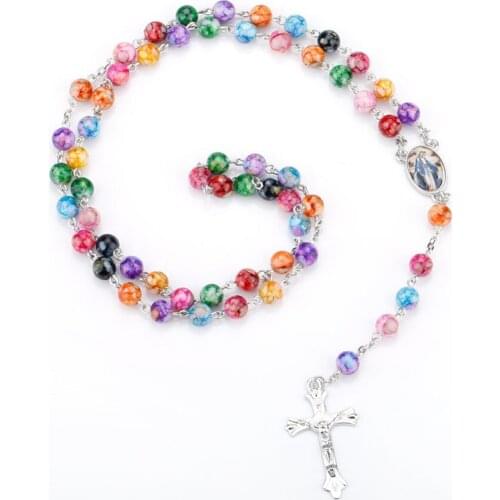 Colorful Catholic 8mm Rosary Cross Pendant Necklace Colorful Round Bead Virgin Mary Pendant Long Necklace Religious Jewelry Gift