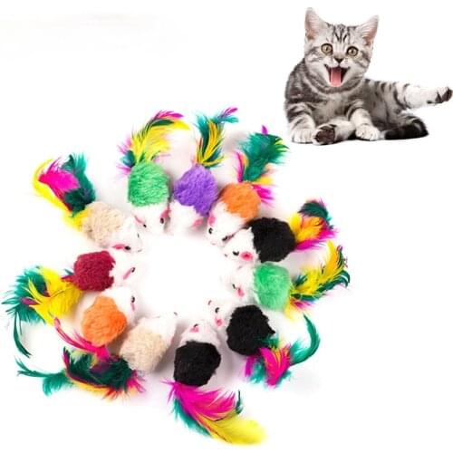 Cute Mini Soft Fleece False Mouse Cat Toys Colorful Feather Funny Playing Training Toys For Cats Kitten Puppy Pet Supplies