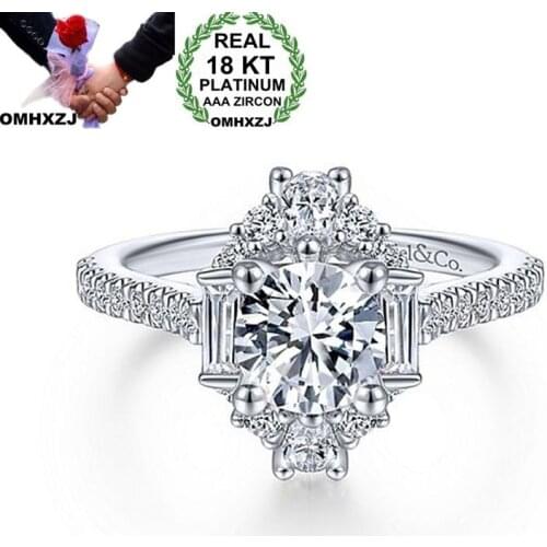 OMHXZJ Wholesale European Fashion Woman Man Party Wedding Gift Luxury White AAA Zircon 18KT White Gold Ring RR664