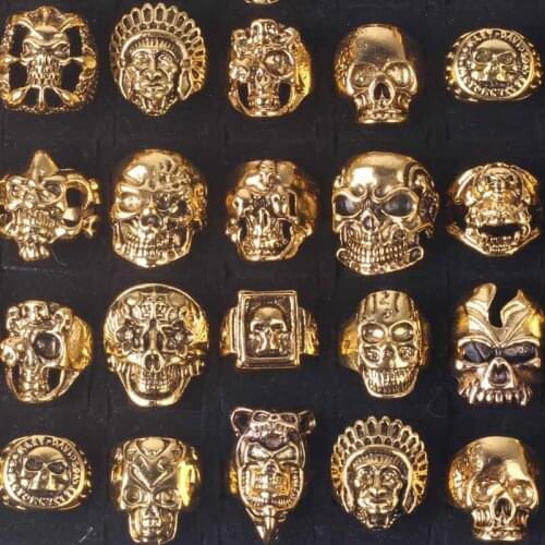 Wholesale Lots Mixed 20pcs Top Gothic Punk Assorted Skull Style Bikers Womens/mens Vintage Jewelry Rings 17-21mm (Color: Gold)