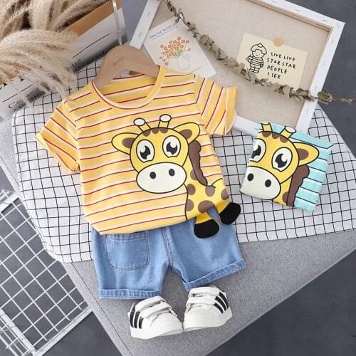 0-5 years baby boy clothes set cute cartoon giraffe striped short-sleeved shorts set baby boy leisure sports two-piece suit