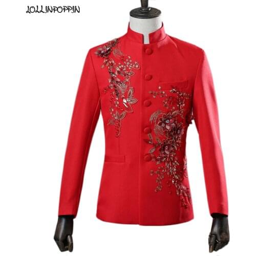 Embroidery Floral & Rhinestone Embellished Men Suit Jacket Stand Collar Stage Performance Chinese Style Red Wedding Coat Sequin