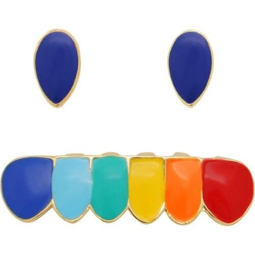 Lucky Sonny Golds Teeth Grillz Set Hip Hop Tooth Grillz Enamel Women Men Rainbow Fake Teeth Cap Fashion Jewelry Mouth Accessory